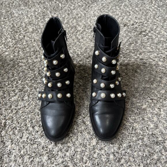 Zara Leather COMBAT Boots Black Pearl DECOR Strap Lace up Zip EU 37 US 6.5 READ - Picture 10 of 11